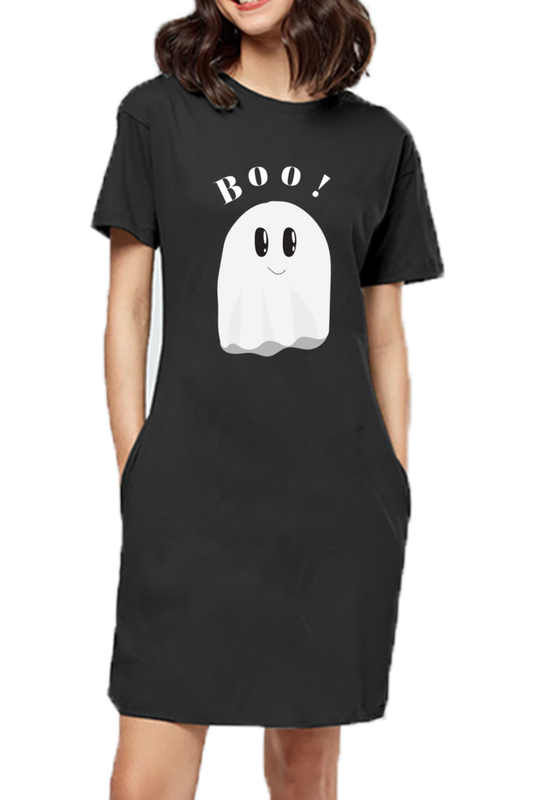 Playful Ghost Boo! Women's Black T-Shirt Dress